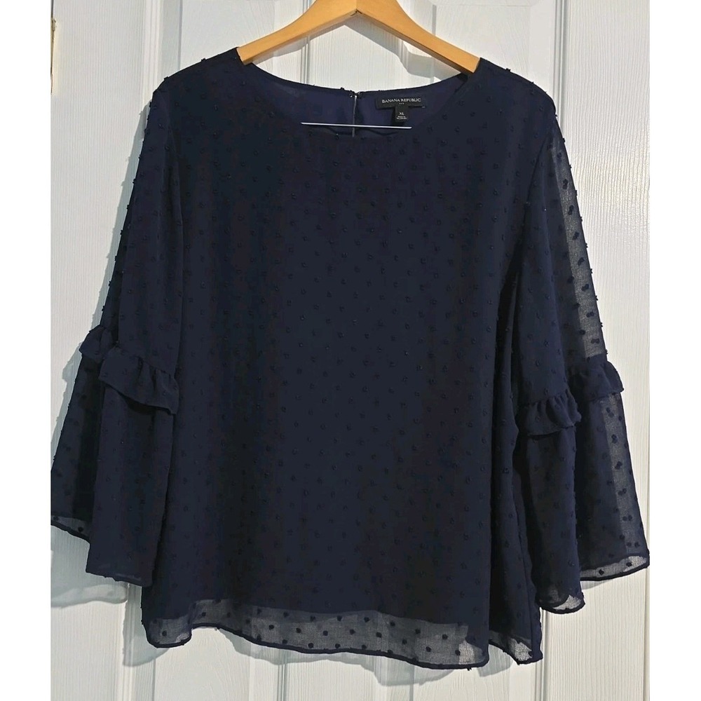 Banana Republic Factory Dobby Dot Textured Flute-Sleeve Blouse Navy Polyester XL